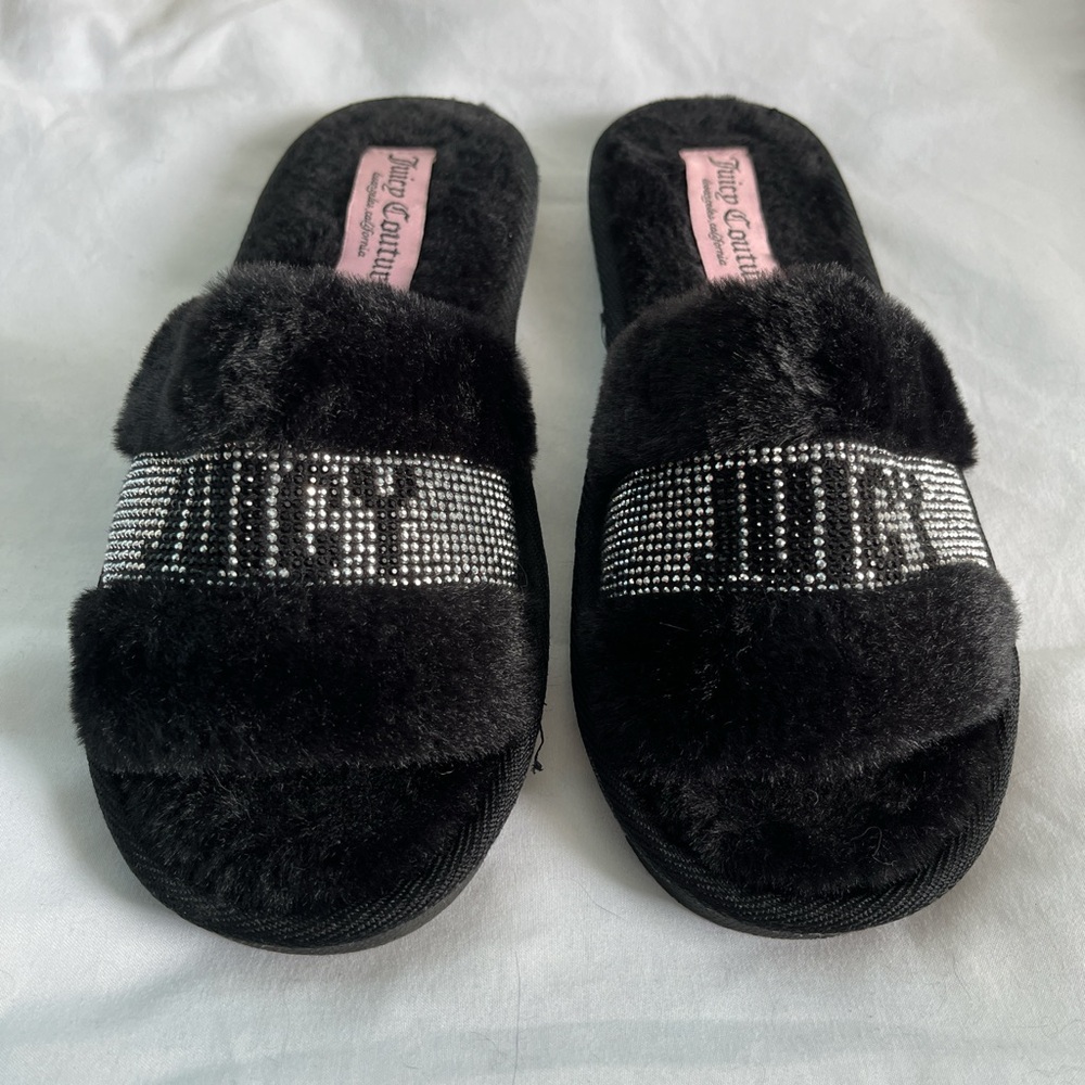Juicy Couture Black Fur Slippers - vintage Y2K aesthetic loungewear